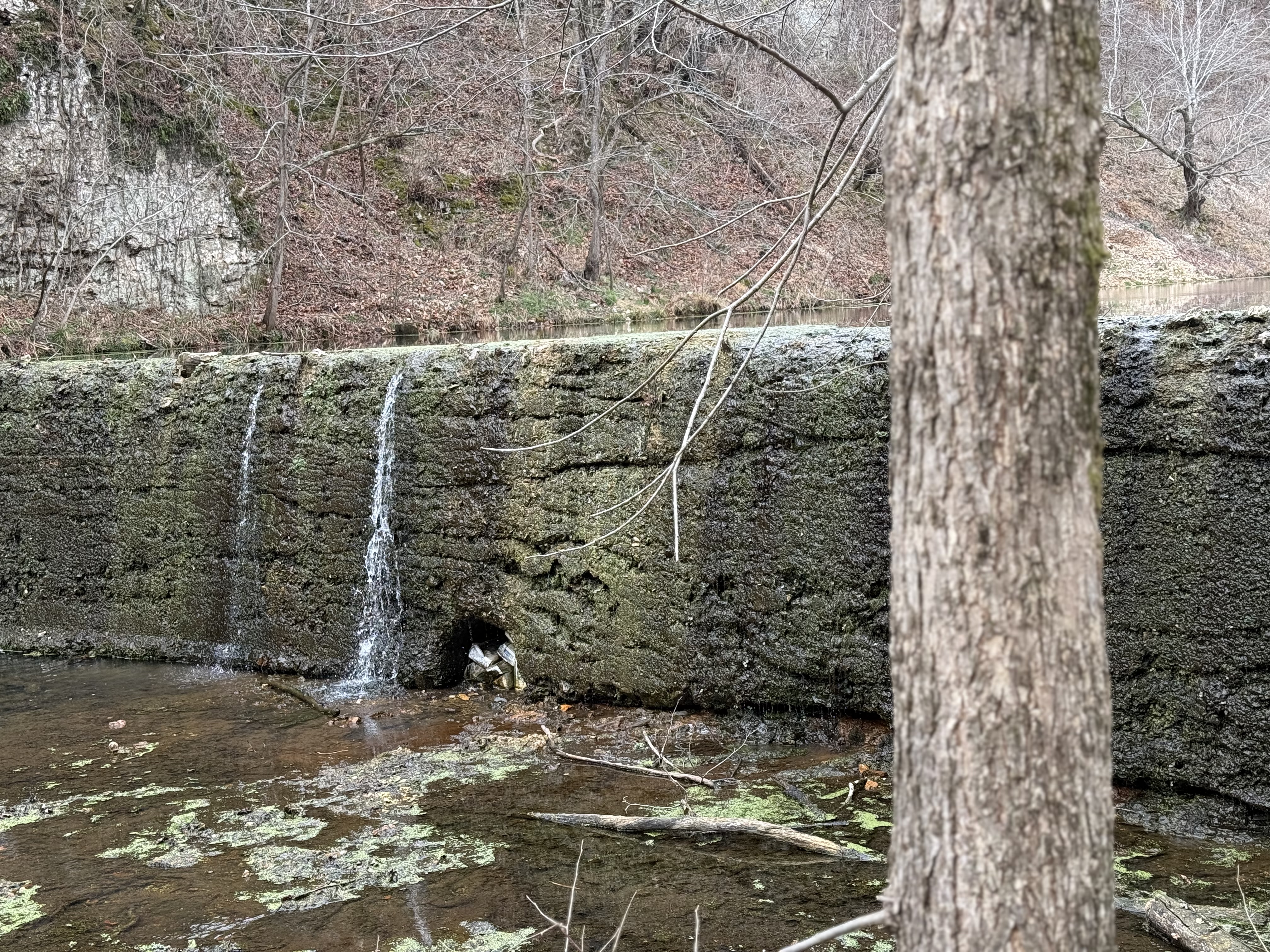 Water flowing through arch in stone dam
