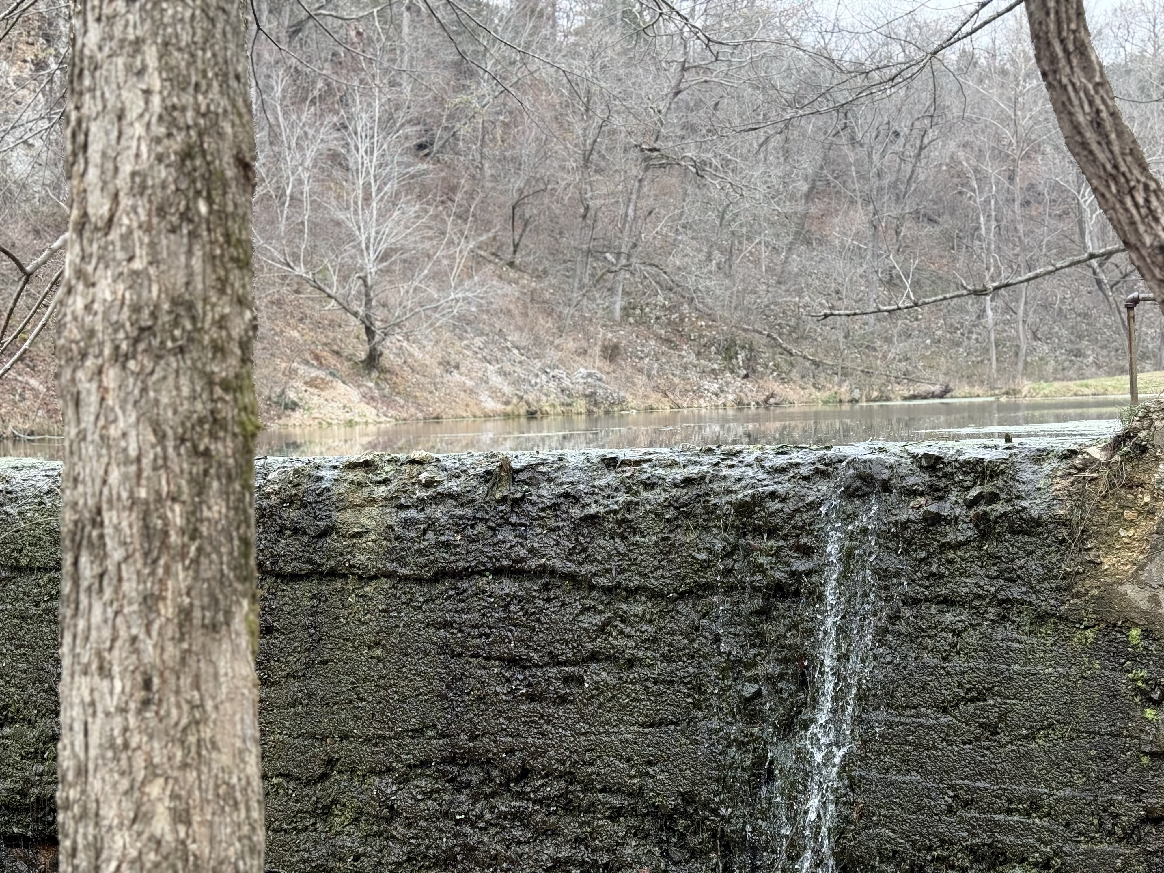 Old stone dam with water trickling over moss-covered wall